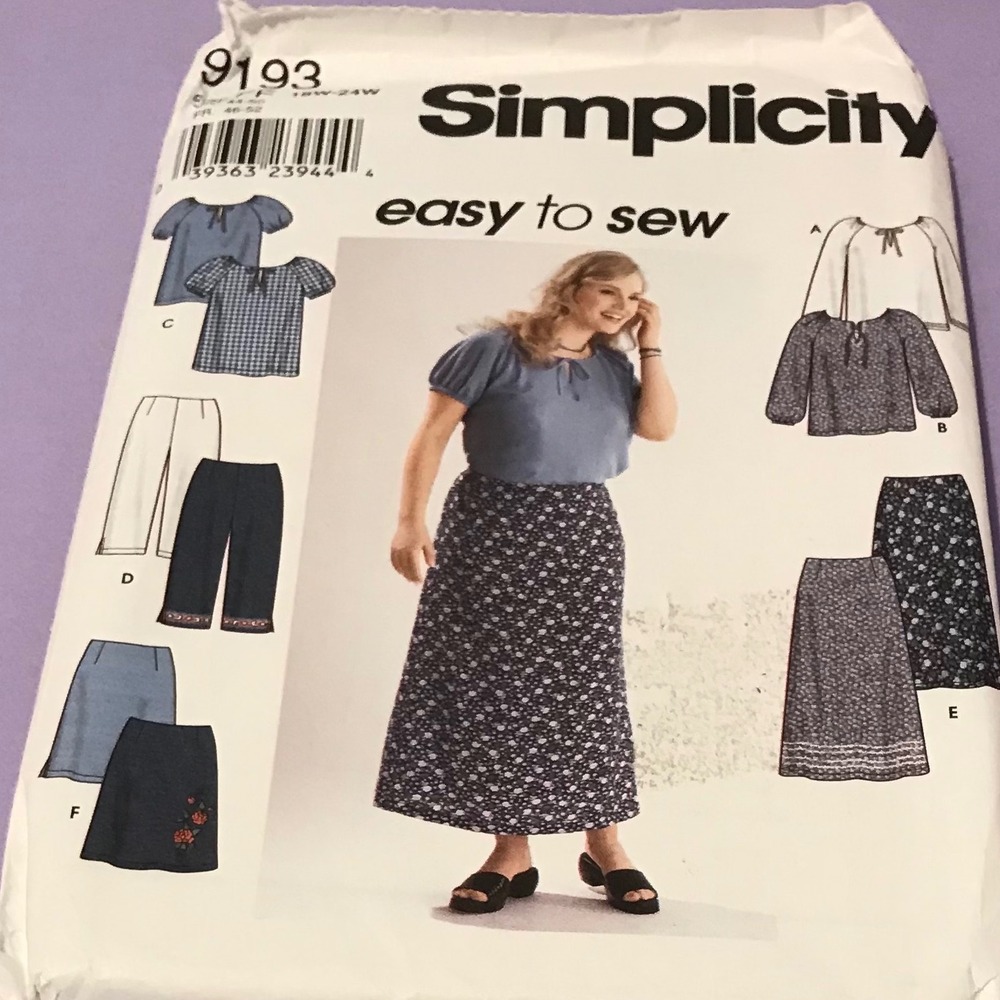 Simplicity 9193 Plus Size Sewing Pattern Top Skirt Pants Uncut FF 18W-24W